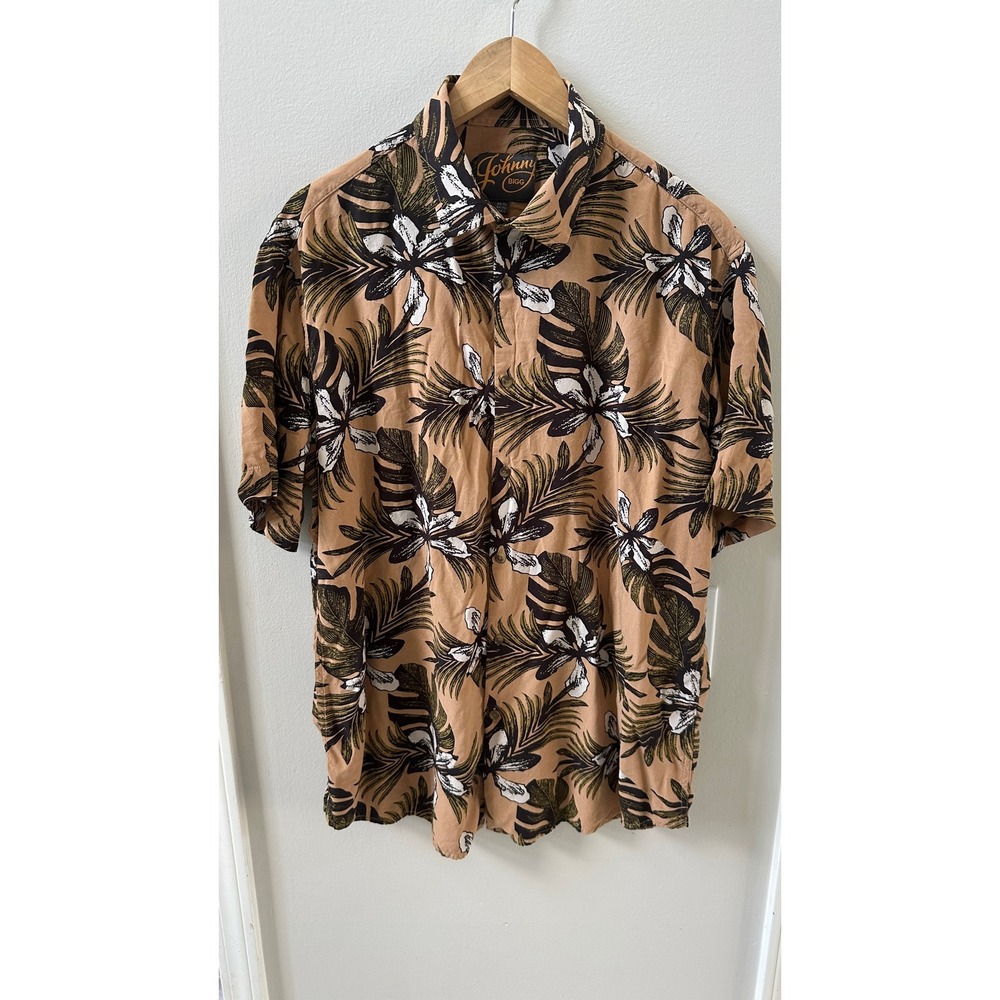 Johnny Bigg Mens Tropical Floral Viscose Short Sleeve Button Up Shirt Tan XL L